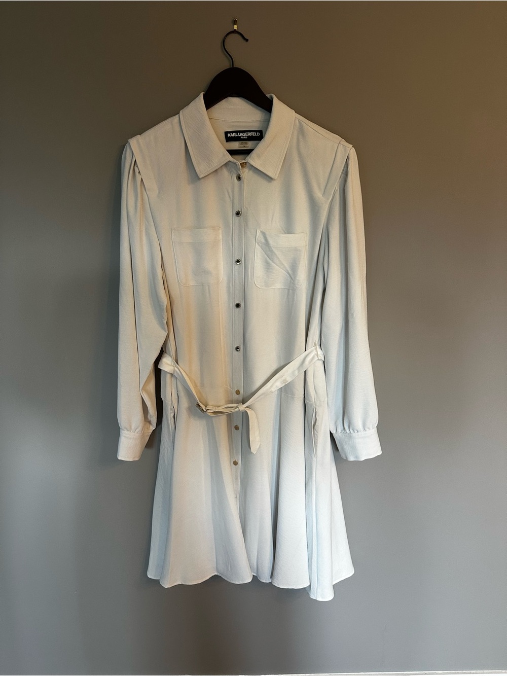 Karl Lagerfeld Light Cream Button-Front Long Sleeve Dress with Tie Waist
